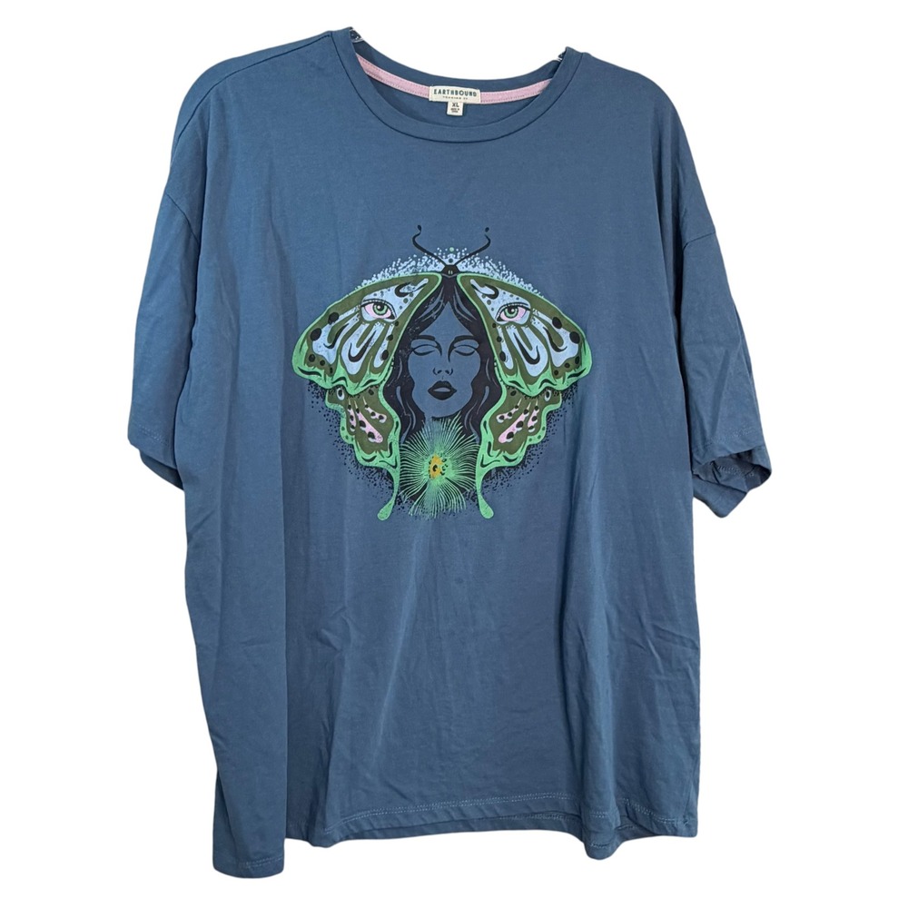 Earthbound Trading Co Blue Moth Woman Graphic T-Shirt XL MKA363MEB Boho Mystic